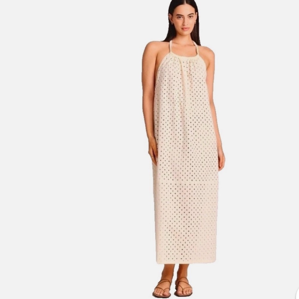 Vitamin A Women's Eyelet Halter Maxi Cover Up Dress in a cream-colored cotton - Picture 4 of 14